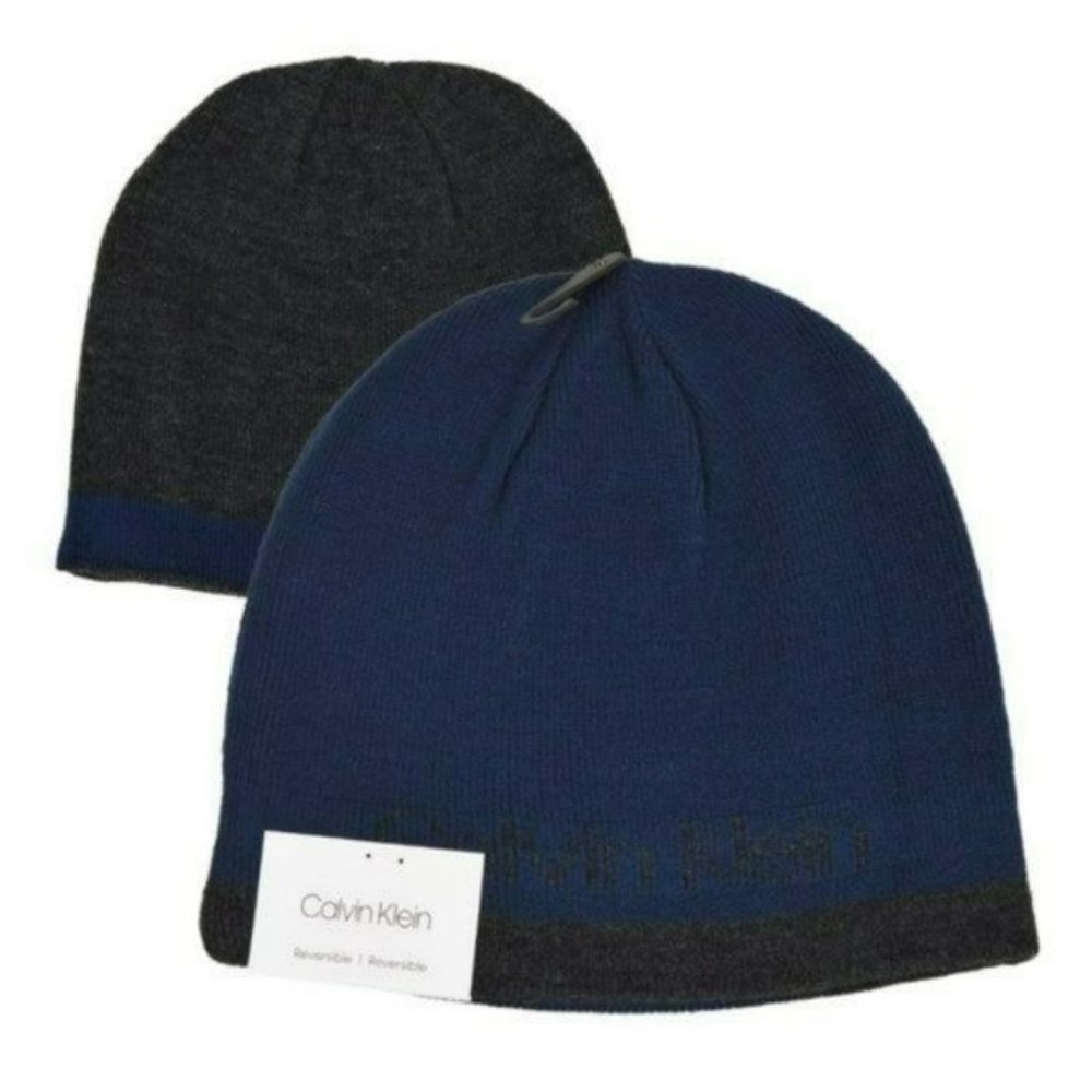 NWT CALVIN KLEIN Men's Reversible Navy/Black Logo Beanie Hat